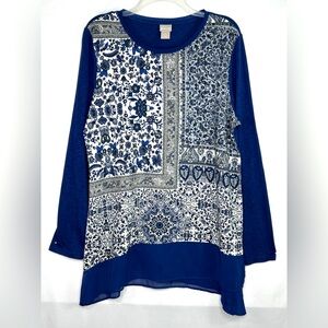 Chicos Cool Patchwork Tunic Top Womens Blue Long Sleeve‎ Bohemian Festival Sz 2